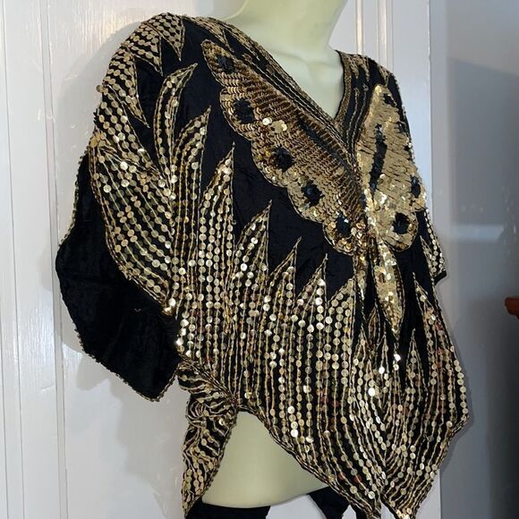 Vtg 70s/80s black silk & gold sequin disco butterfly blouse - Picture 6 of 8